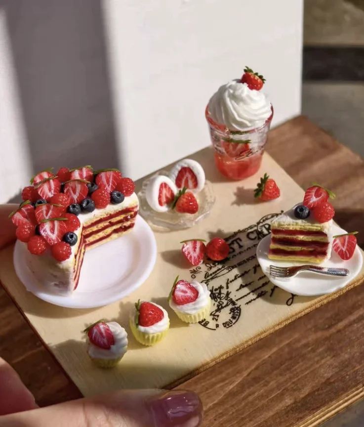 Realistic Polymer Clay Miniature Food Dollhouse Accessory, Bagel Croissant Raspberry Mousse Strawberry Dessert, Bakery Scene Toy