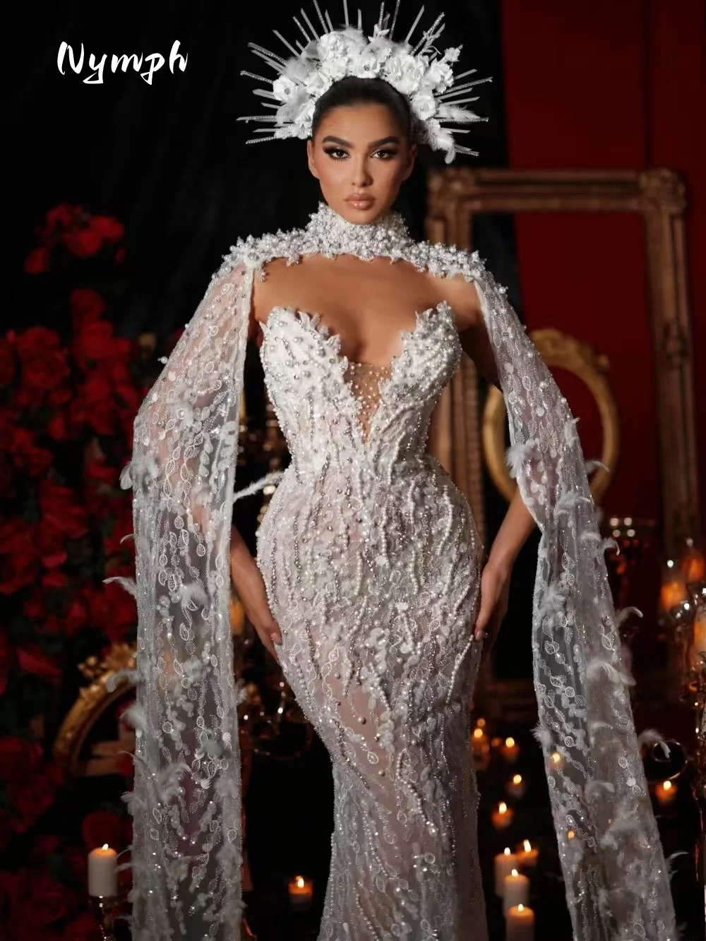 Customized Sexy Illusion Deep V-neck Bridal Dress Sparkly Sequins Pearls Wedding Gown Luxury Mermaid Bride RobeVestido De Novia