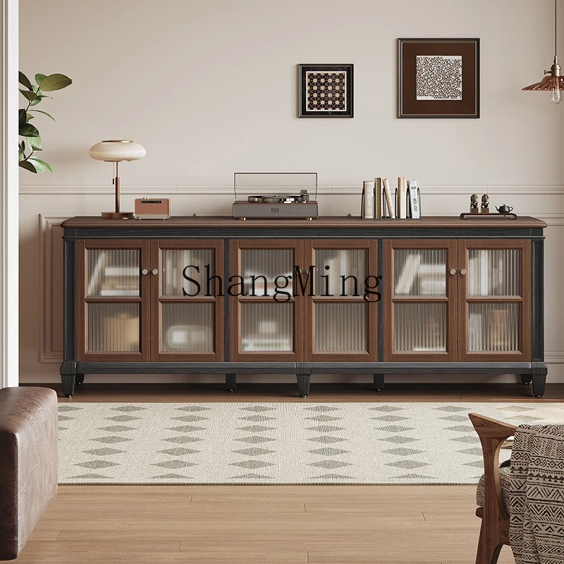 

ZYY retro solid wood TV cabinet living room large capacity storage locker black premium audio-visual cabinet