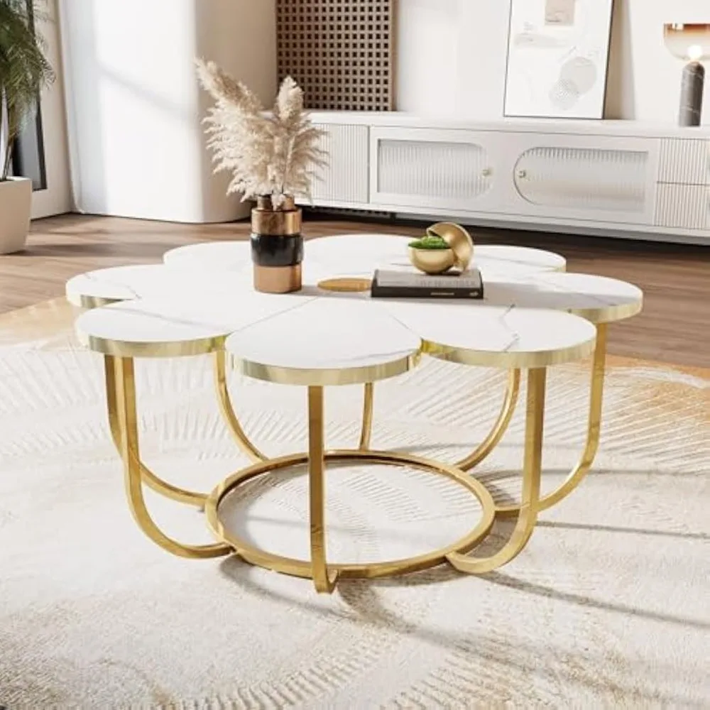 

White and Gold Coffee Table, Modern Flower-Shaped Coffee Table with Faux Marble Tabletop, Elegant Petal Design Center Table w/Me