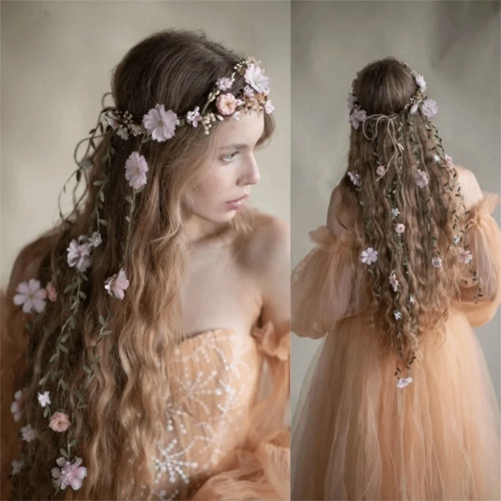 

Temperament White Floral Garland Pink Bohemian Flower Headband Headwear Simulation Flower Bridal Crown Headress