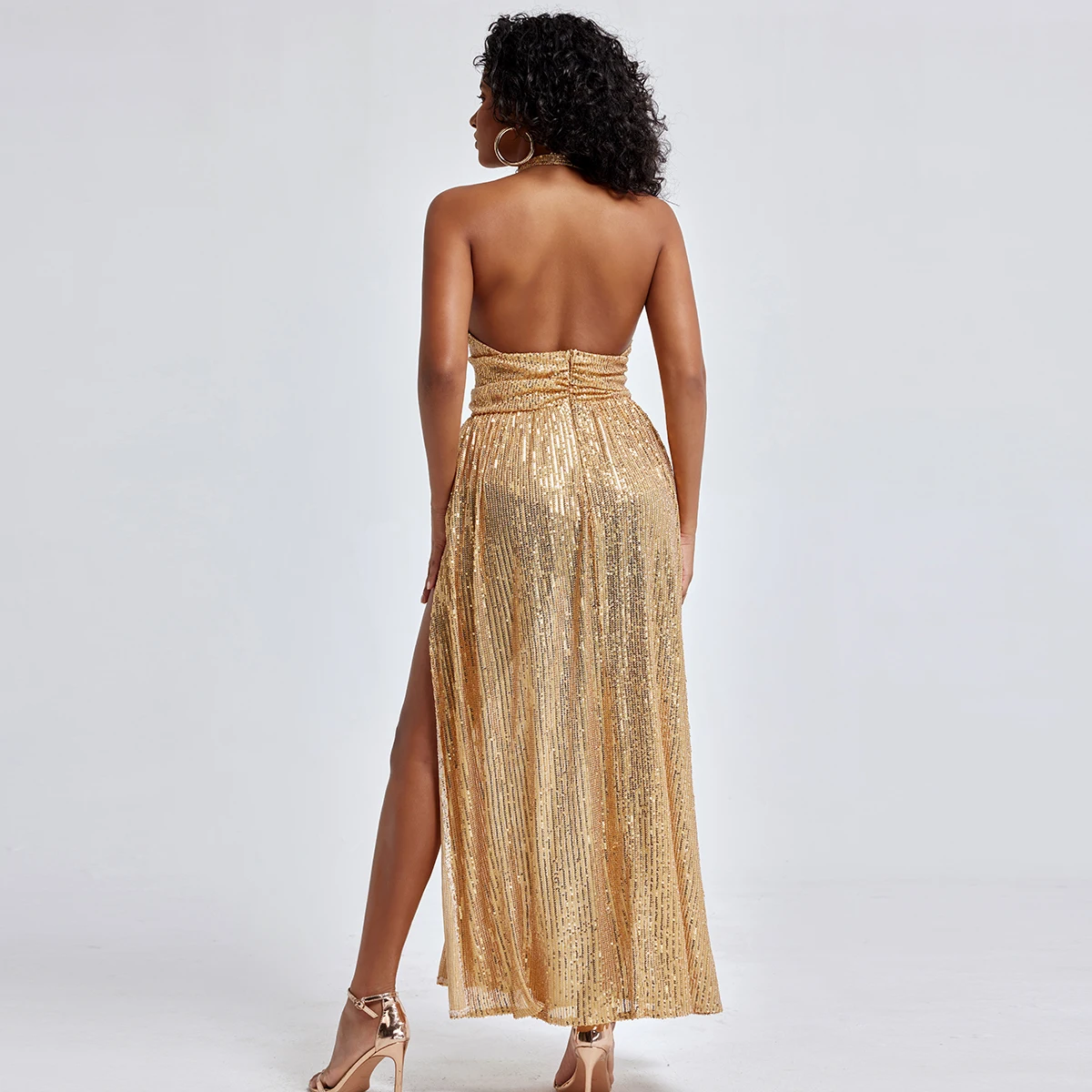 Sexy Halter Sequined Evening Dress For Women Backless Sleeveless High Split Streetwear Party Club Formal Prom Gown Vestidos