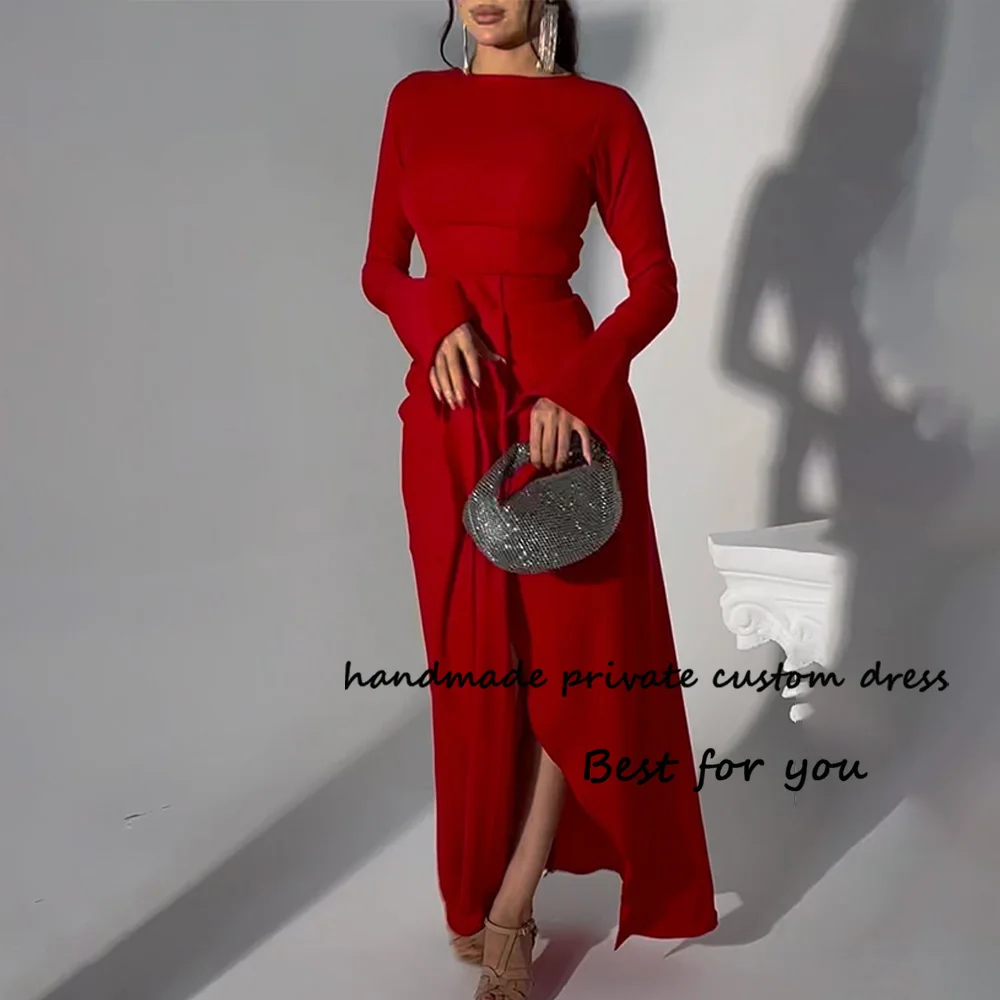 

Burgundy Mermaid Saudi Arabia Evening Dresses with Slit Long Sleeve O Neck Formal Dress Dubai Wedidng Party Gowns