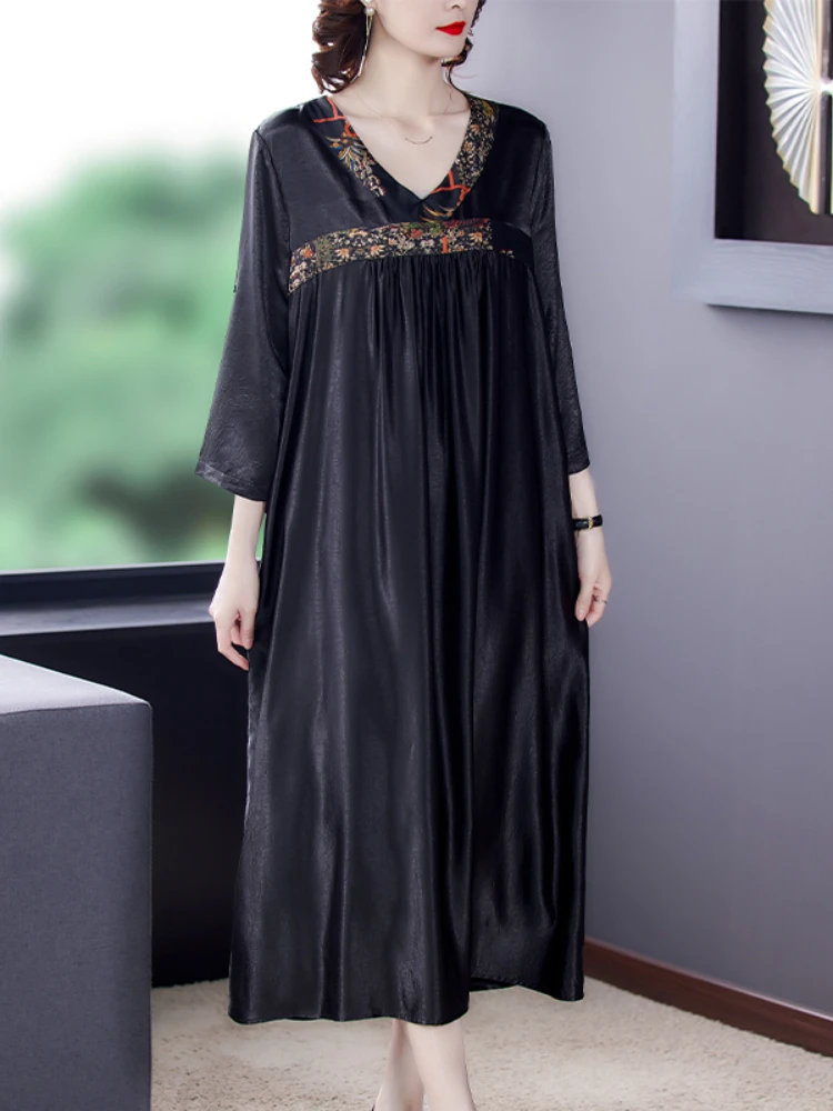 

2023 Summer Silk Printed Elegant Women Dresses Mulberry Silk Midi Dress Spring Retro Casual Thin Long Sleeve Dress