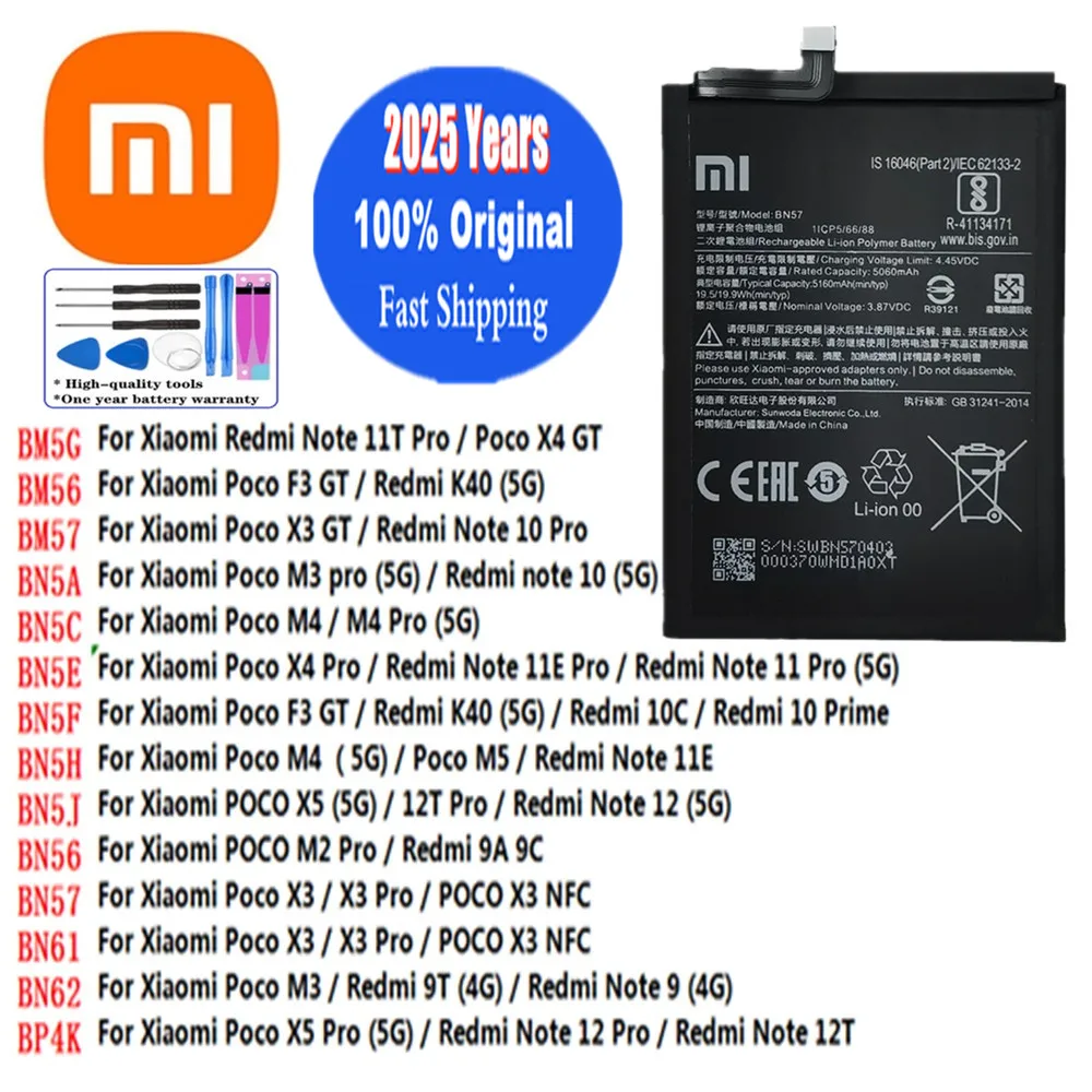 Original Battery For Mi xiaomi Poco X3 X4 X5 F3 M2 M3 M4 M5 Pro GT NFC Redmi K40 9T 9A 9C 10C Redmi Note 9 10 11 11T 11E Pro