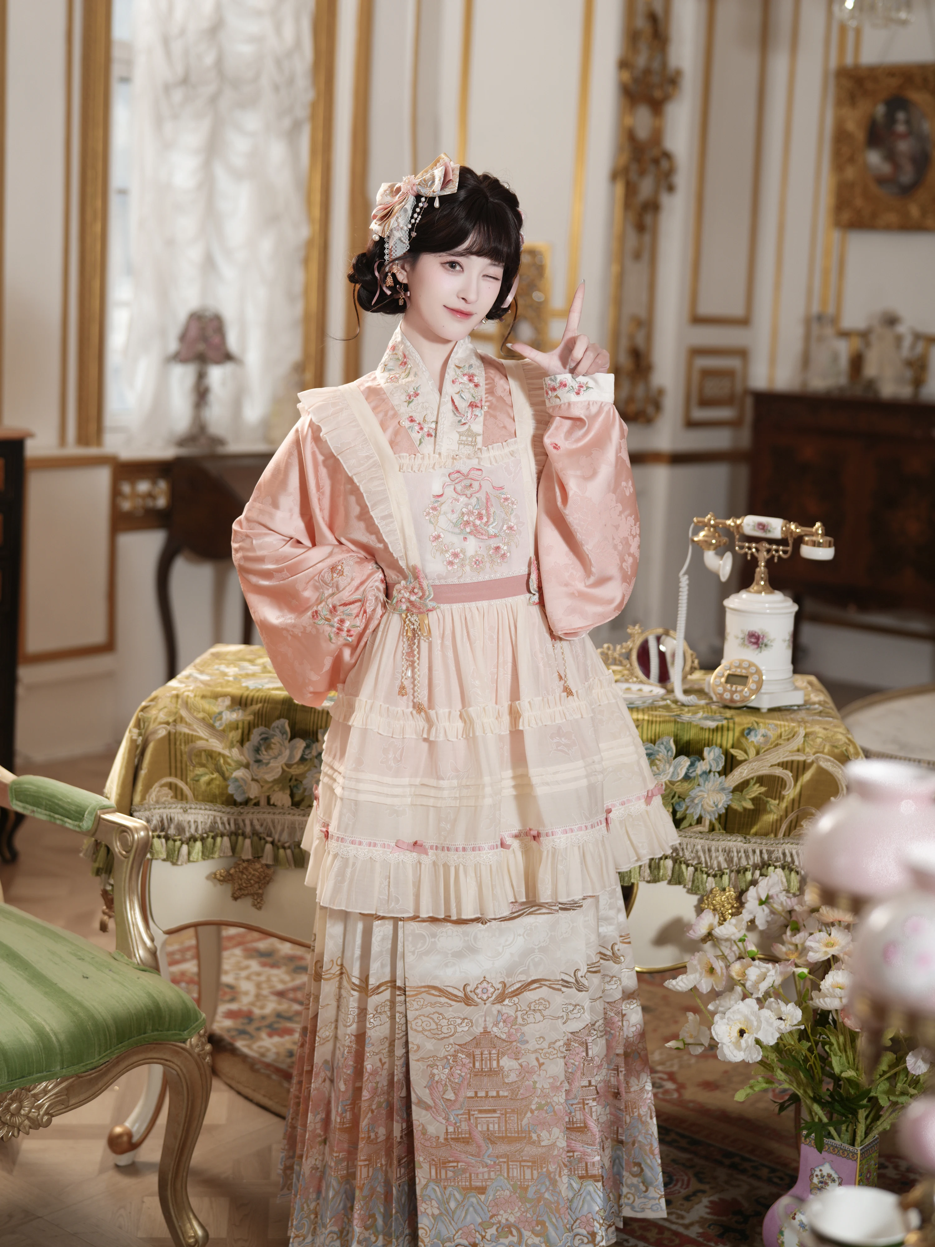 Original Hanfu Set Ming Dynasty Style Peony Sleeve Embroidered Gold  Face Skirt High Waist A-Line Polyester Fiber New 2026