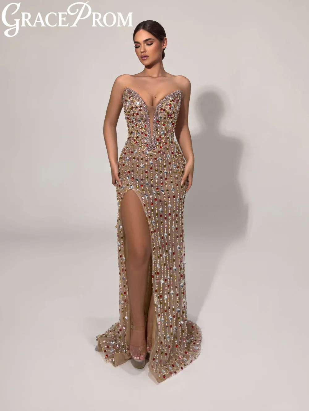 

Hand-sewn Beaded Crystal Evening Dress Exquisite Glamorous High Slit Formal Party Gown Customized Deep V-neck Banquet Gowns