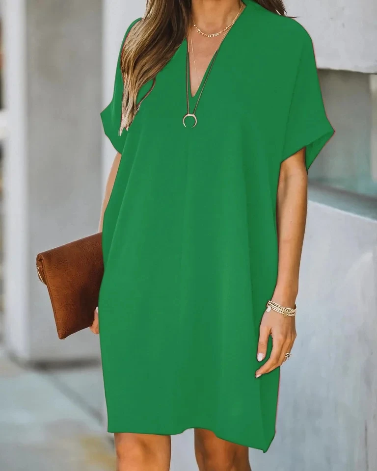 

2024 Spring Chiffon Women Dress Black V-neck Short Sleeve Loose Dresses Female Summer New Casual Elegant Fashion Ladies Clothes