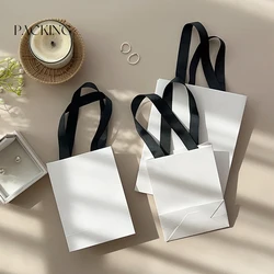 10Pcs Personalized Jewelry Gift Bags With Black Ribbon Handles For Boutique Shop Party Wedding Favor White Small Paper Bag