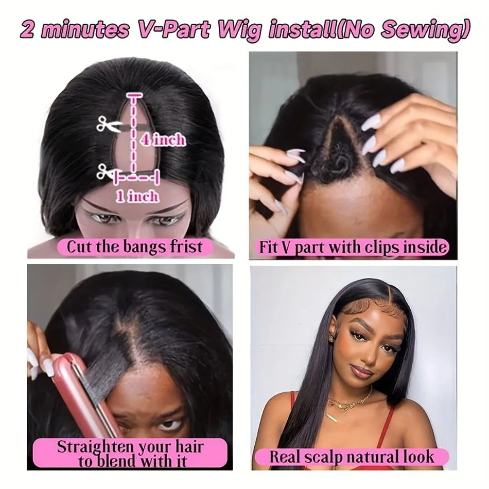 Straight V Part Wig Human Hair No Leave Out Brazilian Full Machine Made Promotion Cheap on Sale Remy Wig 180% For Women