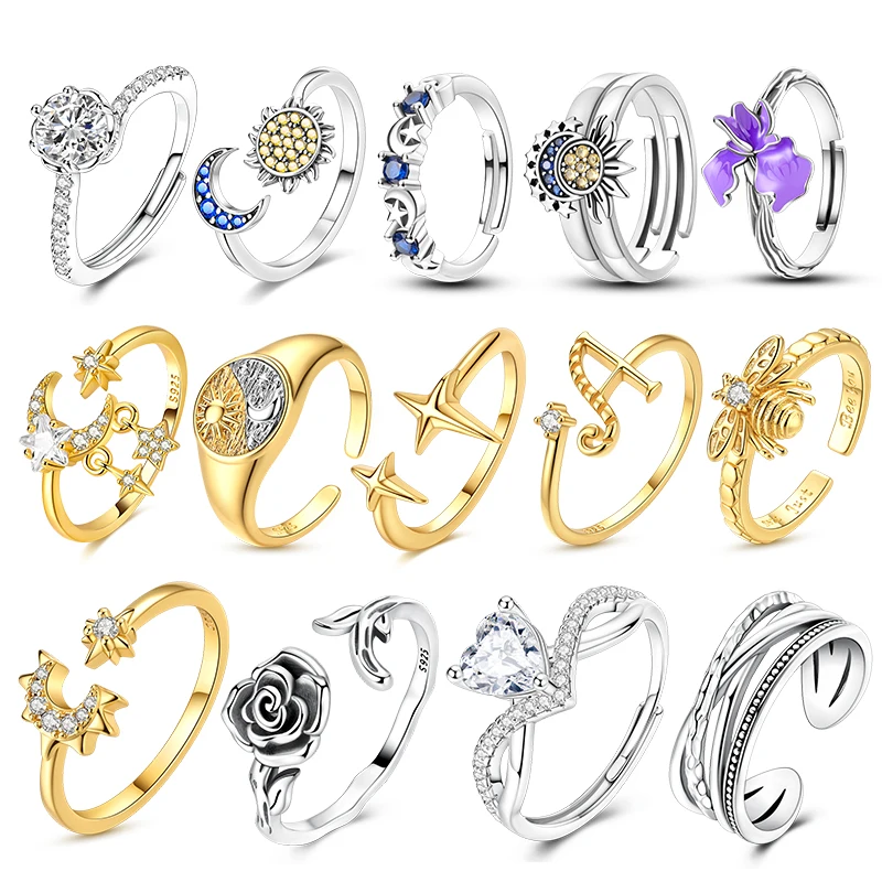 925 Silver Sun and Moon Average Size Opening Ring Zircon Oxide Enamel Heart Love Rings Fashion Fine Jewelry For Women Gifts New