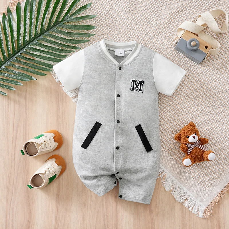 

Бейсбольная одежда для новорожденных 0-3-6-9-12 месяцев, хлопковые комбинезоны с коротким рукавом, серые пижамы для малышей, детские комбинезоны для мальчиков