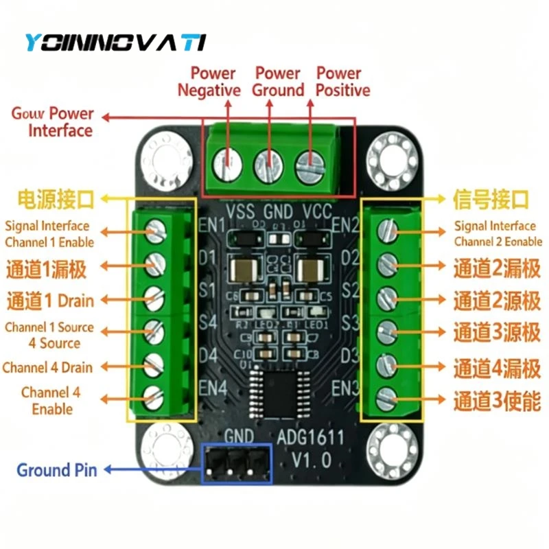 1PCS ADG1611 4-Channel Analog Switch Module, Bidirectional SPST Switch, ±Signal Input, 20MHz Bandwidth