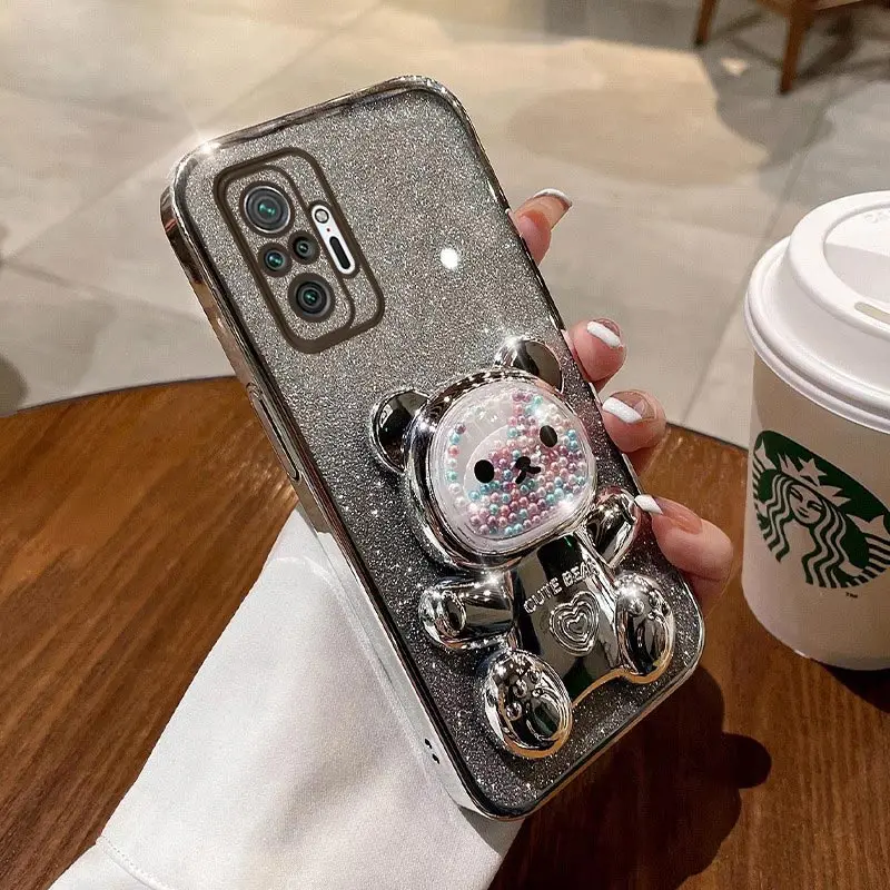 Cute Bear Colorful Flow Beads Plating Phone Holder Case For Xiaomi Redmi Note 10 10S 10 Pro 10T 11S 9 Pro 9T 11 Pro 12 12S Cover