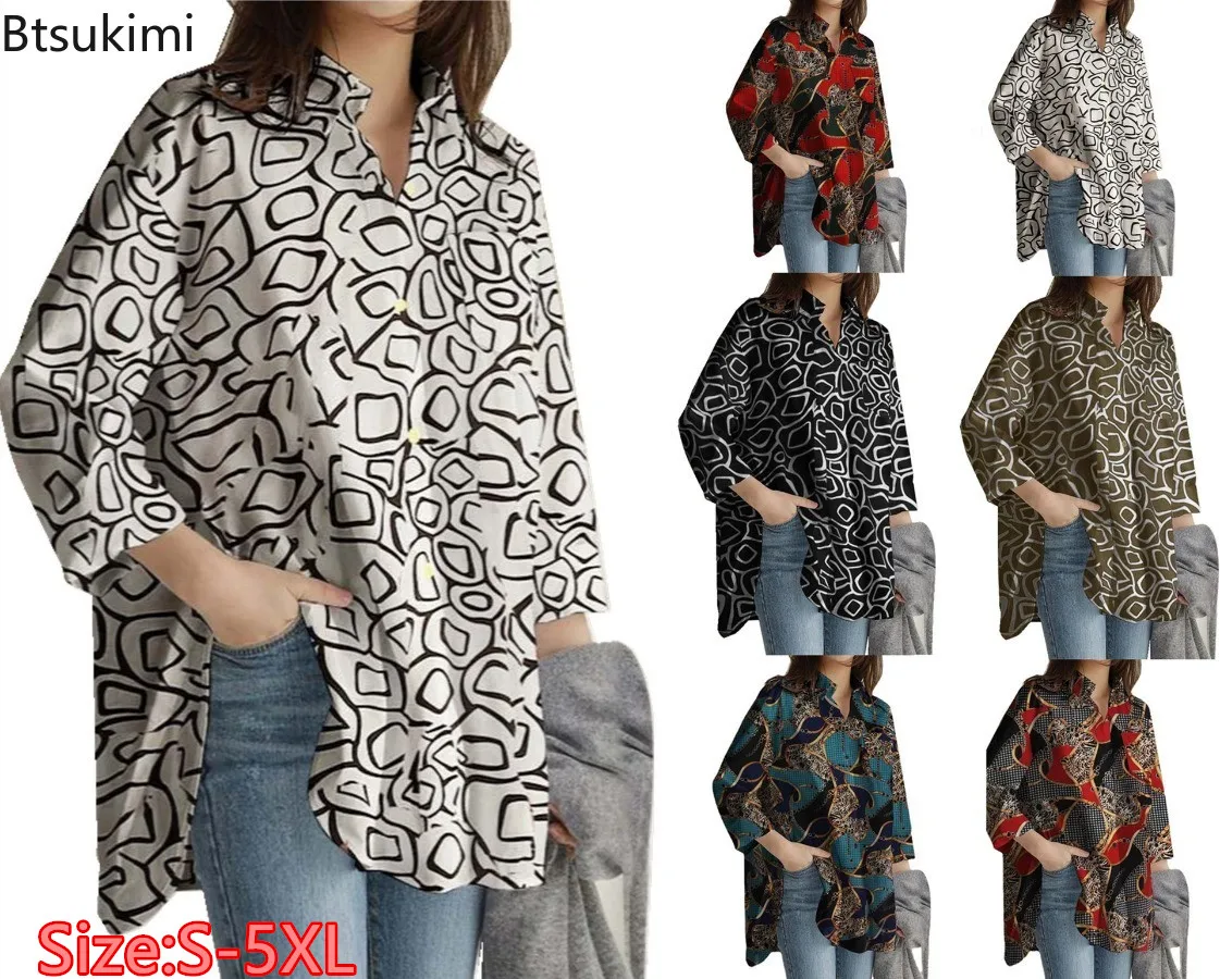 

Spring New Women's Printed Long-sleeved Casual Shirts Vintage Oversized Loose Lapel Blouses Office Ladies Chic Split Tops Tunics