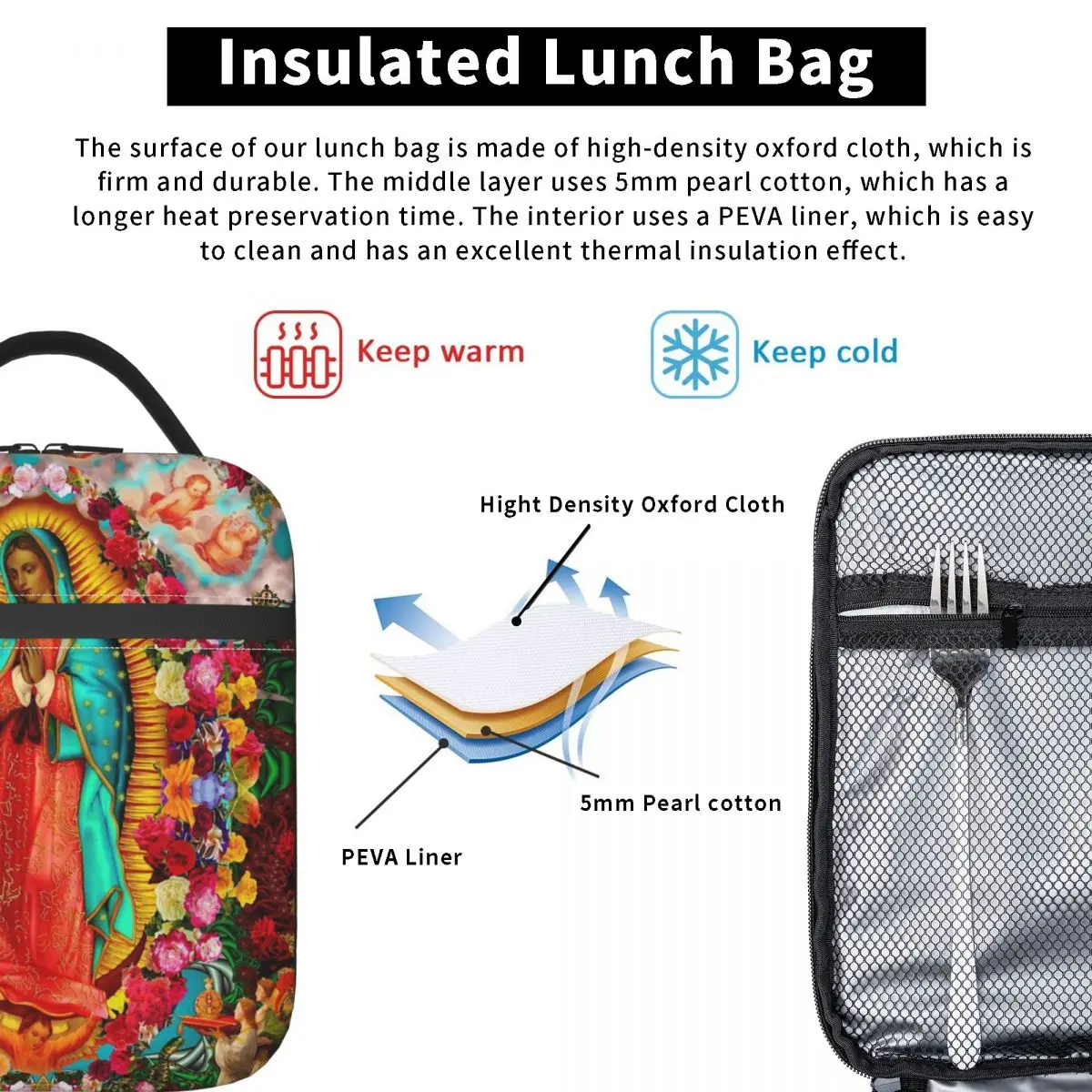 Bolsa de almuerzo con aislamiento de la Virgen María, bolsa térmica Contenedor de comida a prueba de fugas, fiambrera, Tote, niña, niño, escuela, viaje