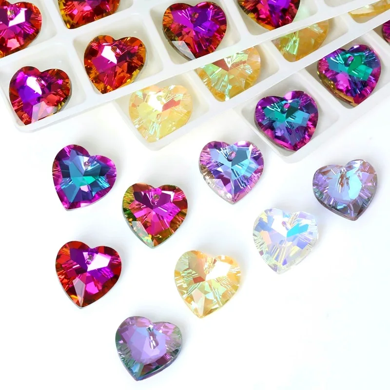 12pcs New 14mm Heart-shaped Electroplated Aurora Iridescent Charms Pendant for DIY Bracelets and Necklaces Jewelry Accessory
