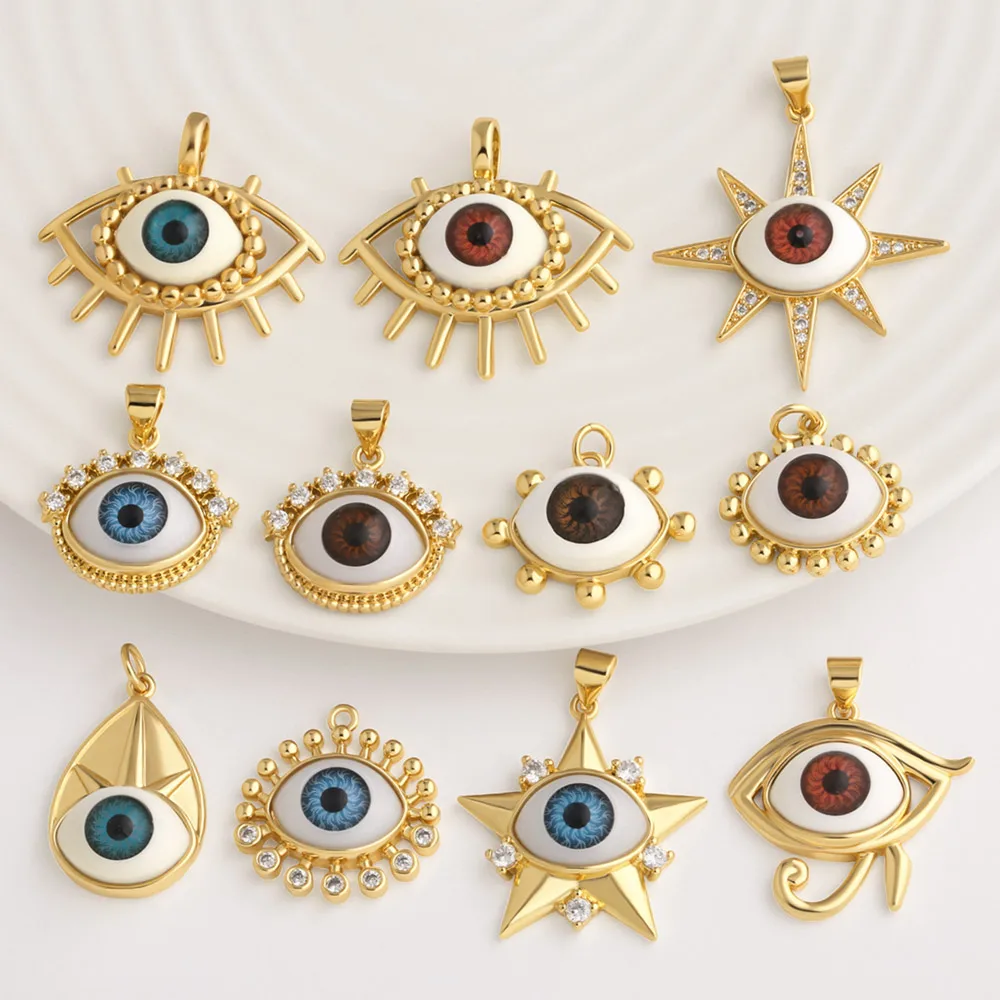 OCESRIO Boho Evil Eye Pendant Copper Gold Plated Resin CZ Turkish Eye Charms for Necklace DIY Jewelry Making Component pdtc083