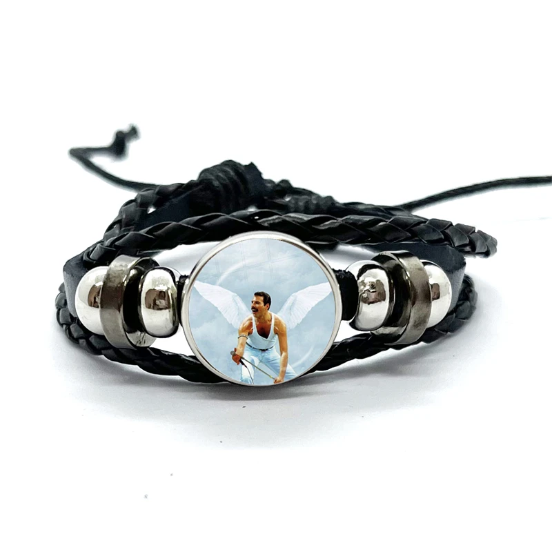 Queen Freddie Mercury Rock Star Leather Bracelets Glass Dome Multilayer Braided Bracelets Bangles Handmade Jewelry Gifts