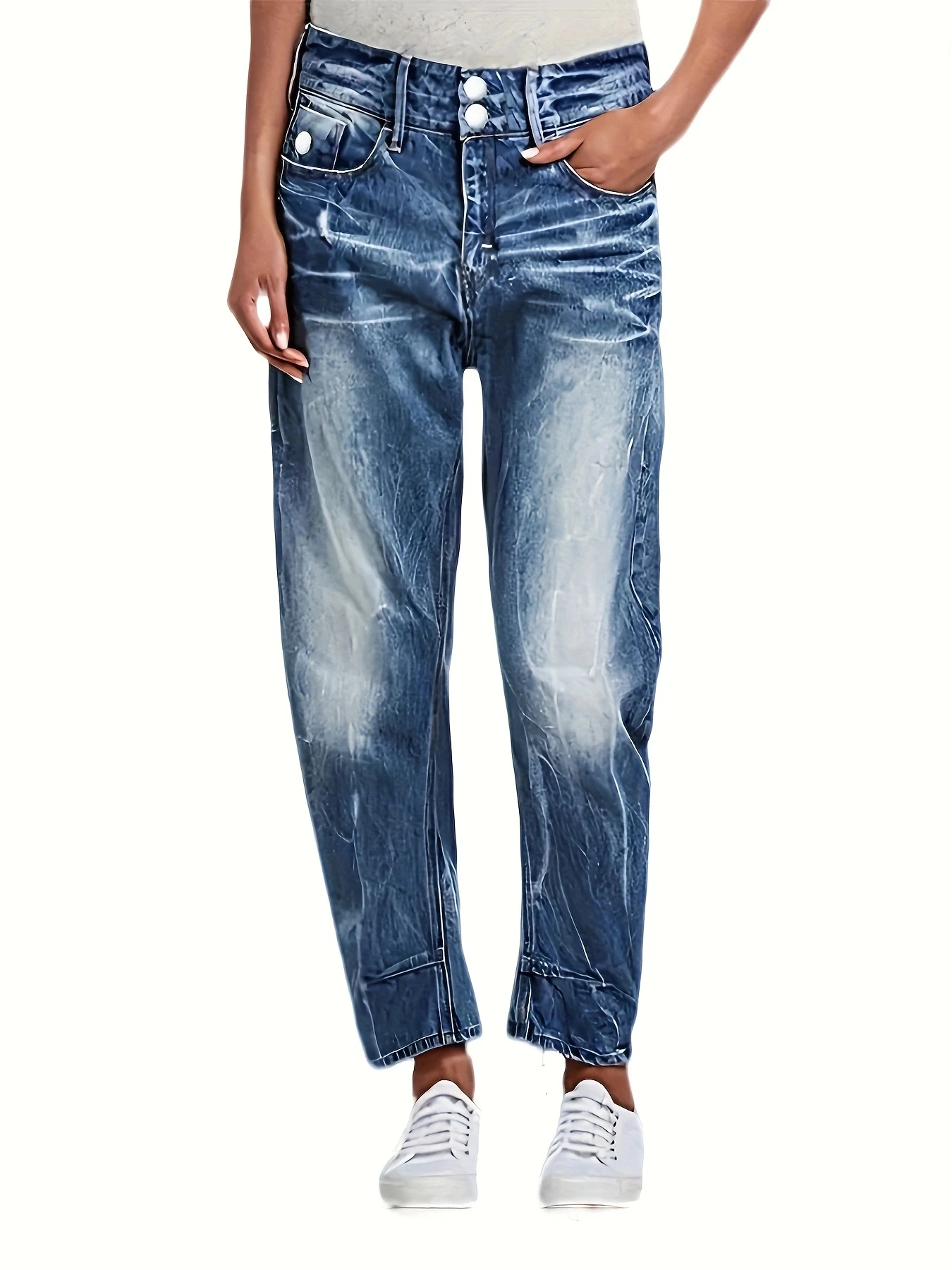 Women's stretchy fashion double button high-waisted denim ankle pants