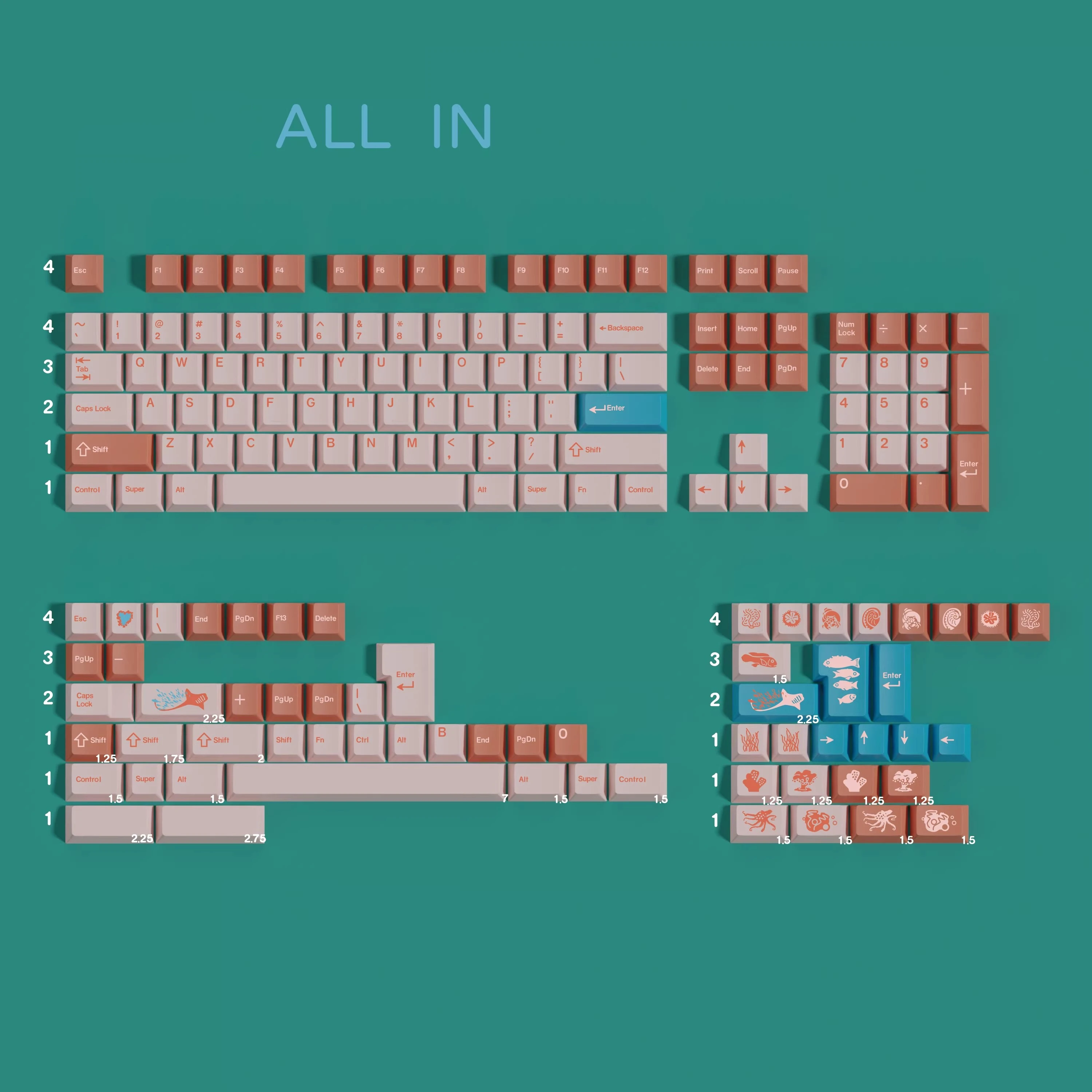 1 Set KKB The Great Barrier Reef Keycaps PBT 5 Sides Dye Subbed Key Caps Cherry Profile Keycap With Split Spacebar For MX Switch