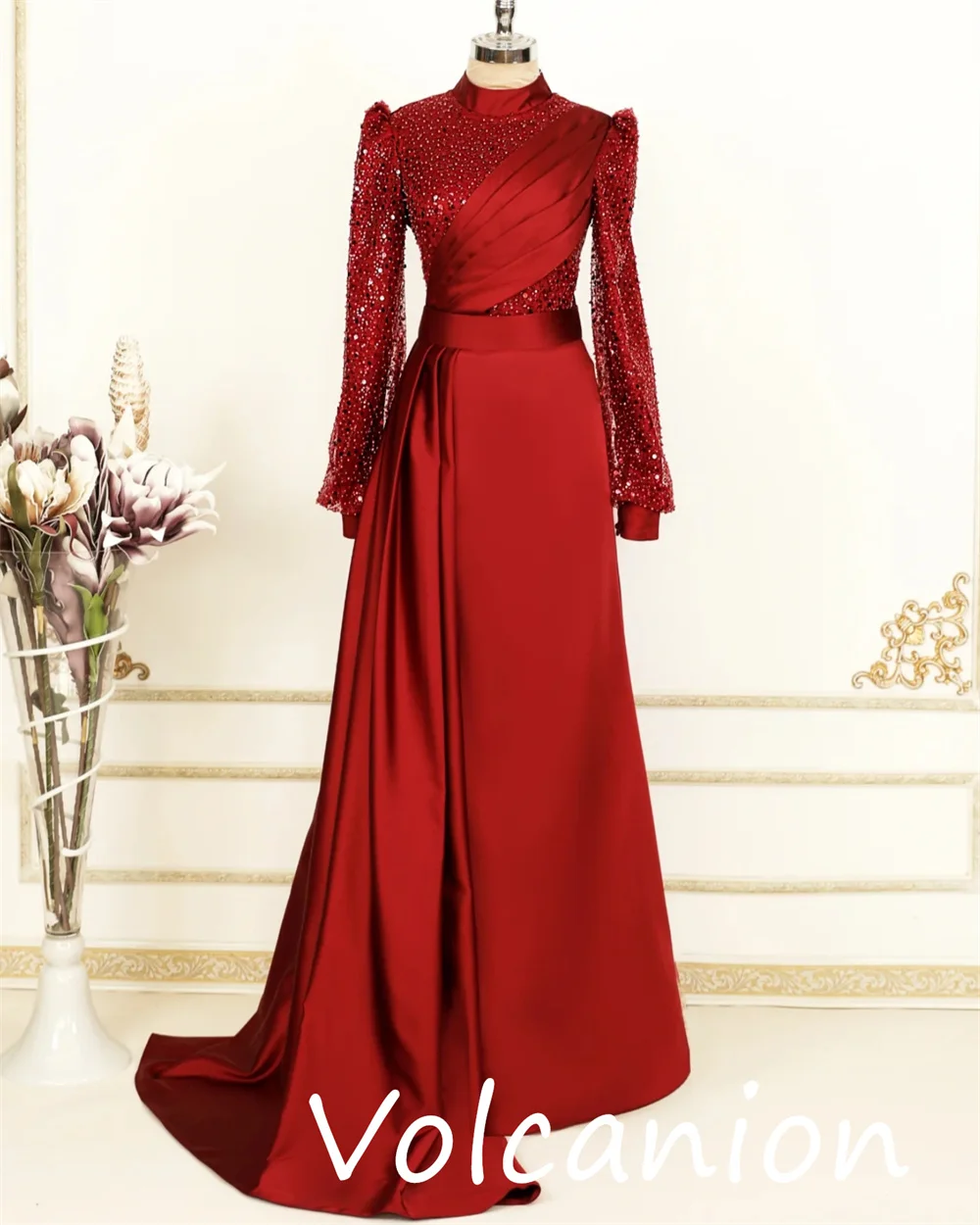 Taglie personalizzate disponibili Jersey con paillettes Piega A-line Collo alto Abiti lunghi Occasioni su misura Moda