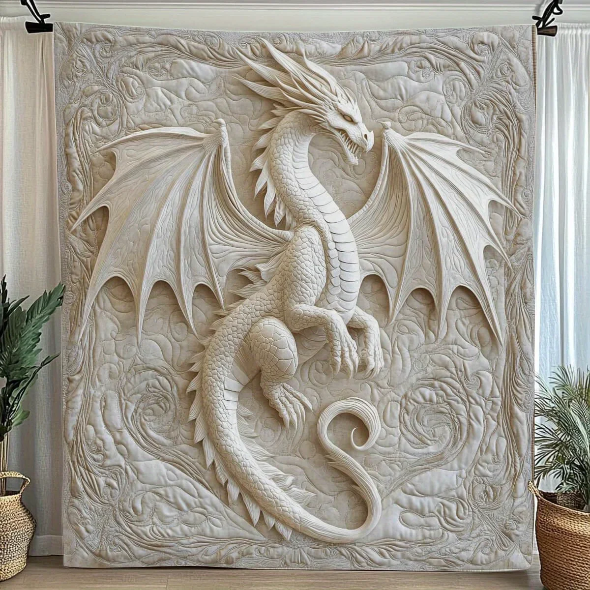 Vintage Dragon Embossed Flannel Throw Blanket, Geometric Pattern Soft Blanket for Sofa, All Season Home Decor with Dragon Design