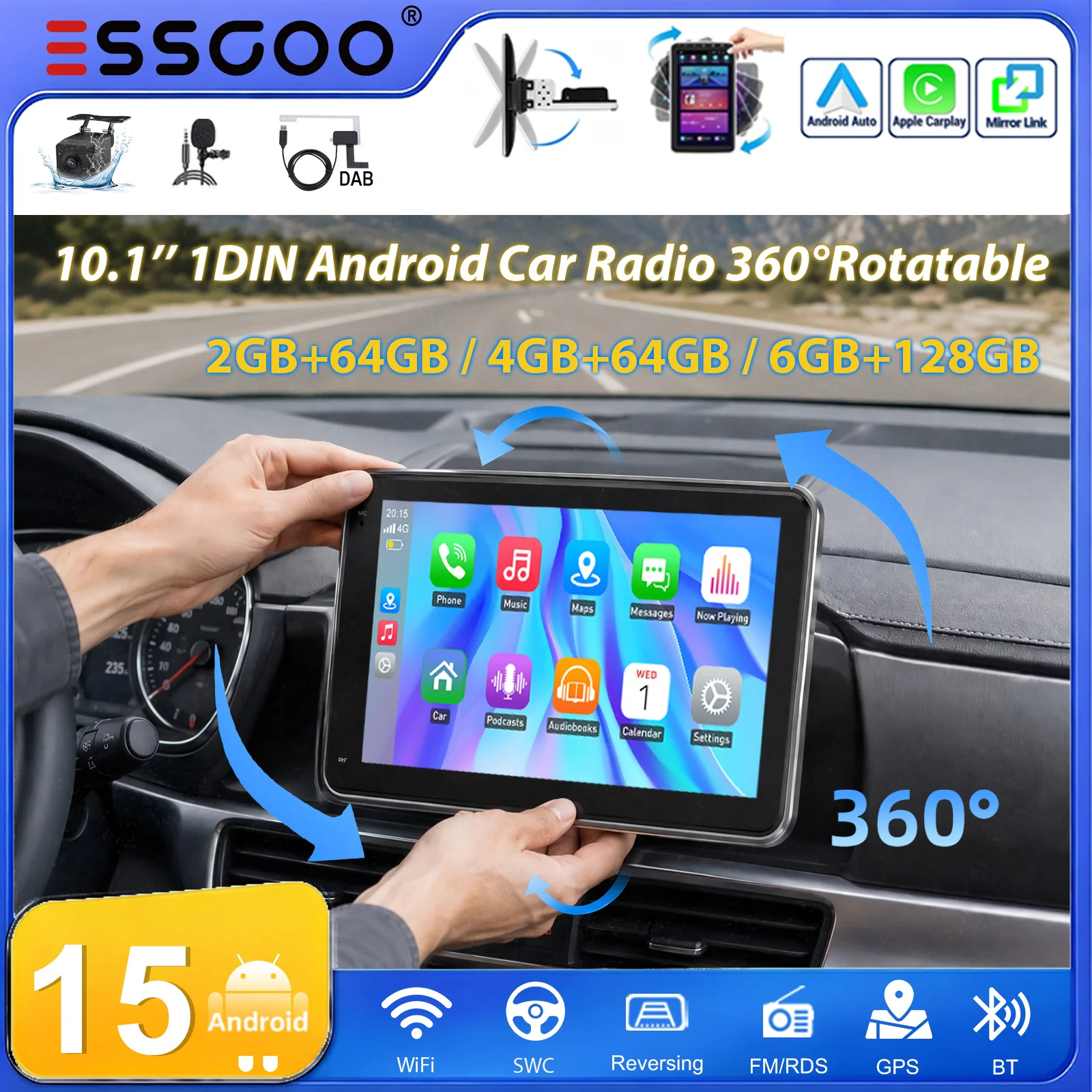 ESSGOO 10,1' Android 15 4GB+64GB/ 6GB+128GB 4G LTE 360 °   Manuell drehbarer Touchscreen, universelles Autoradio, kabelloses Carplay, Bluetooth, GPS-Navigation, RDS, FM, WLAN, Mirror Link,