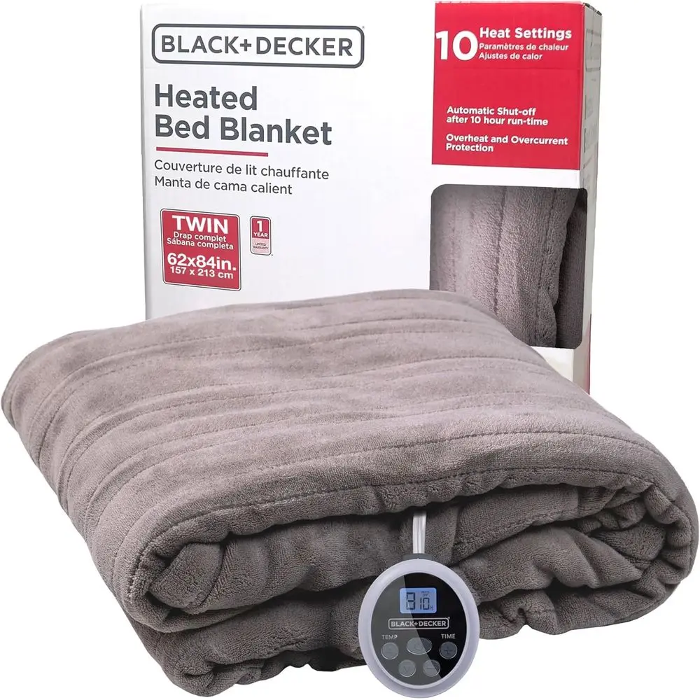 

Electric Twin Size Heated Blanket with 10 Levels, 10H Timer, Auto Shut-Off, Plush Grey