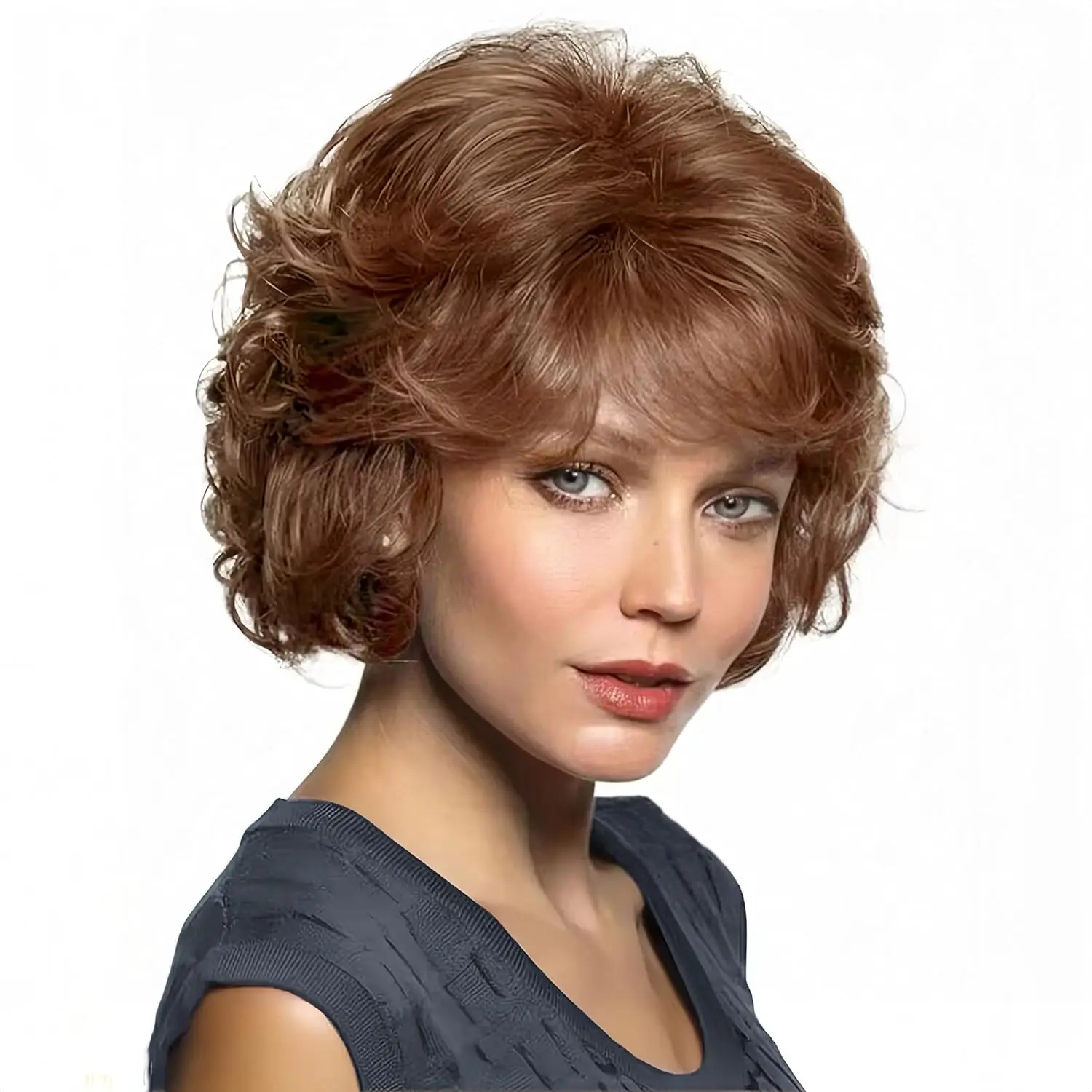 

Коричневый короткий вьющийся парик с челкой, подходит для женщин с густыми волосами, вьющийся парик с боковым пухом, синтетический женский парик