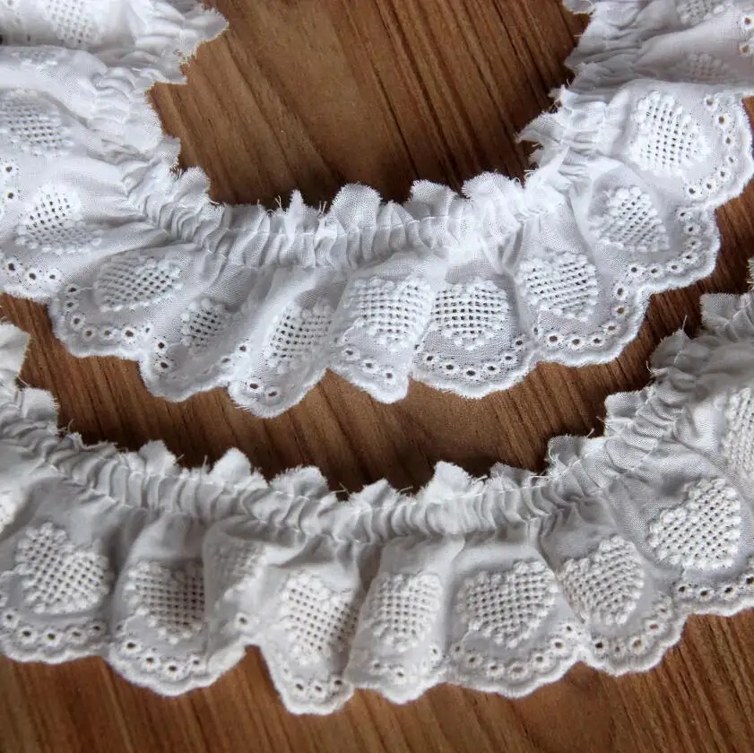 3.7cm wide 2yards/lot White/beige Pure Cotton Heart Embroidered Pleated Lace Baby Clothes Lace DIY Decorative Materials X262