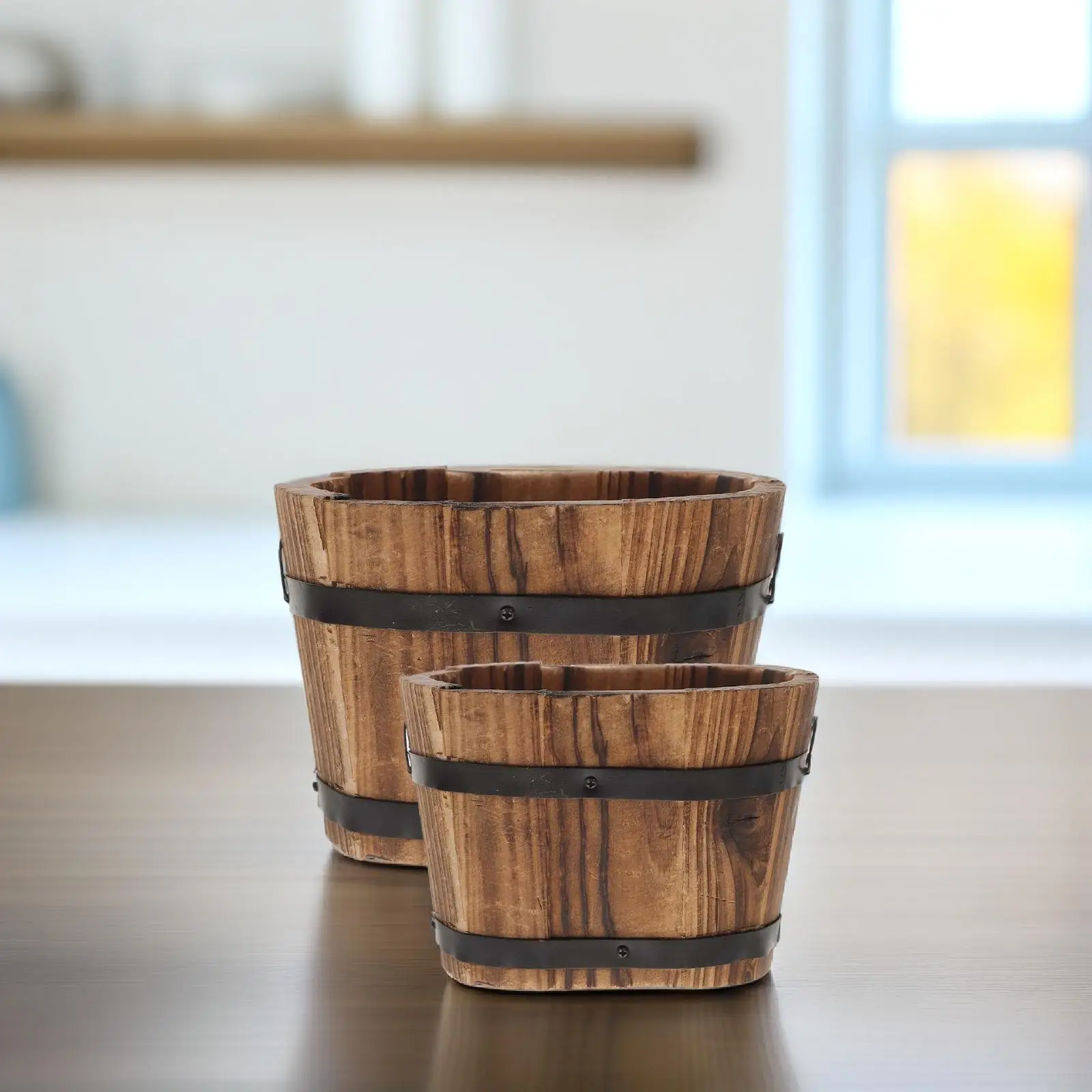 2 قطعة أواني الزهور الخشبية المتفحمة الرجعية البيضاوي الصغيرة المتوسطة المزارعون لأعشاب الصبار حديقة في الشرفة صناديق زراعة خشبية ساحة #4