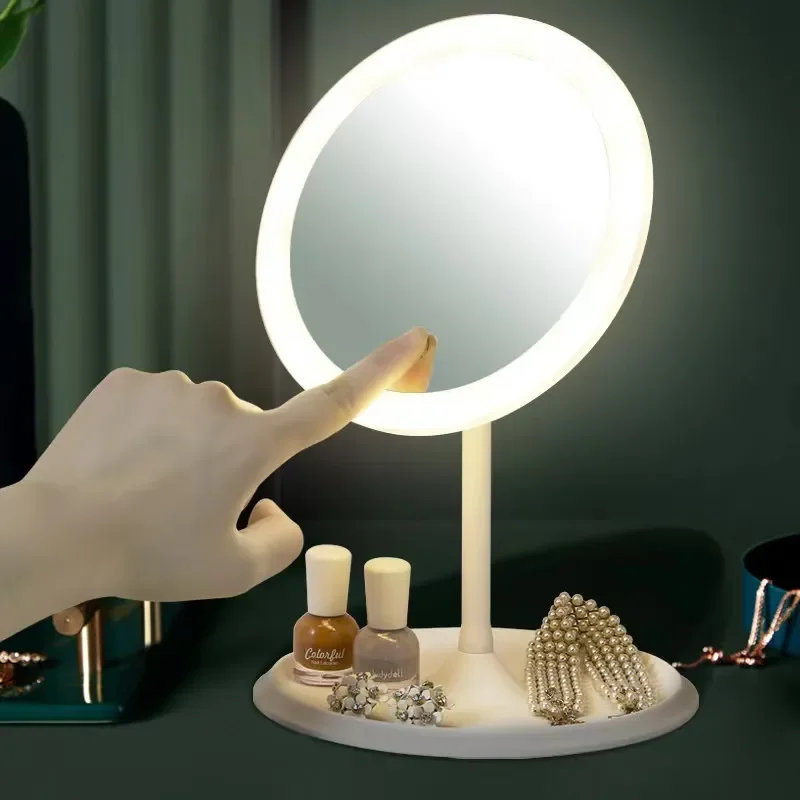 

LED Makeup Mirror with Light Lamp with Storage Desktop Rotating Cosmetic Mirror Light Adjustable Dimming USB Vanity Mirror N69