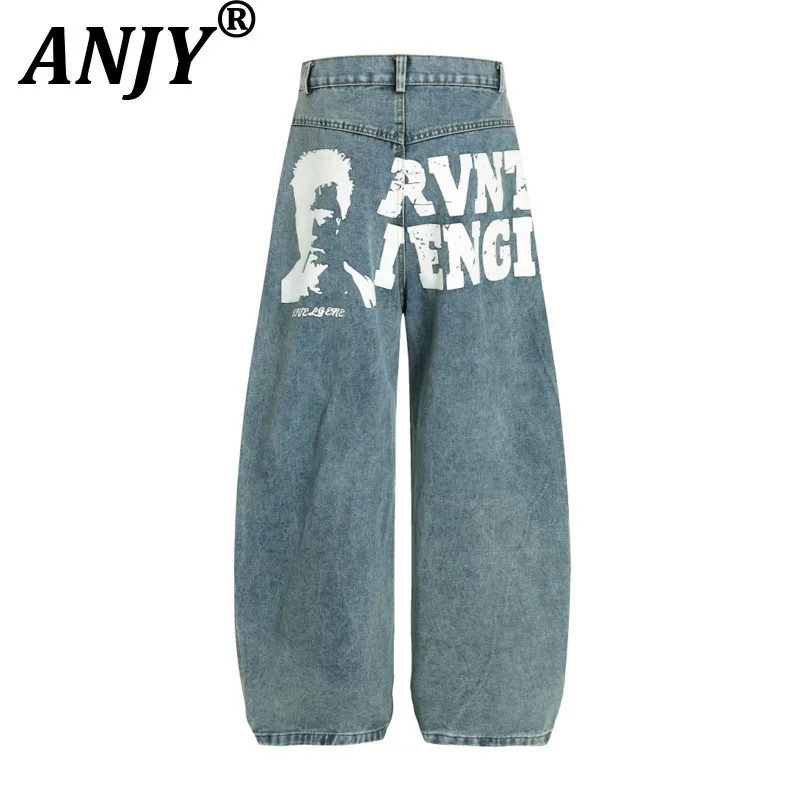 

ANJY Autumn New American High Street Character Letter Printed Straight Jeans Vintage Distressed Washed Tide Wide Leg Pants A8124