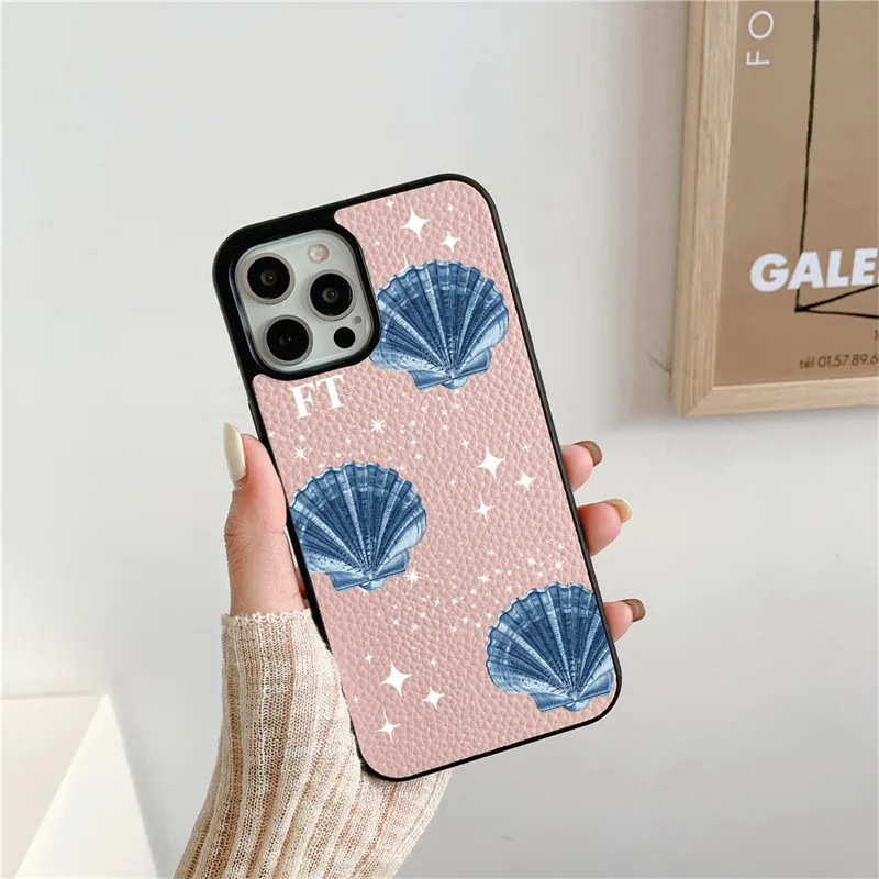 Seashell Custom Initials Vegan Phone Case for iPhone 15 14 13 12 11 pro max 14 16 plus Luxury PU Leather Cases X XS XR Cover