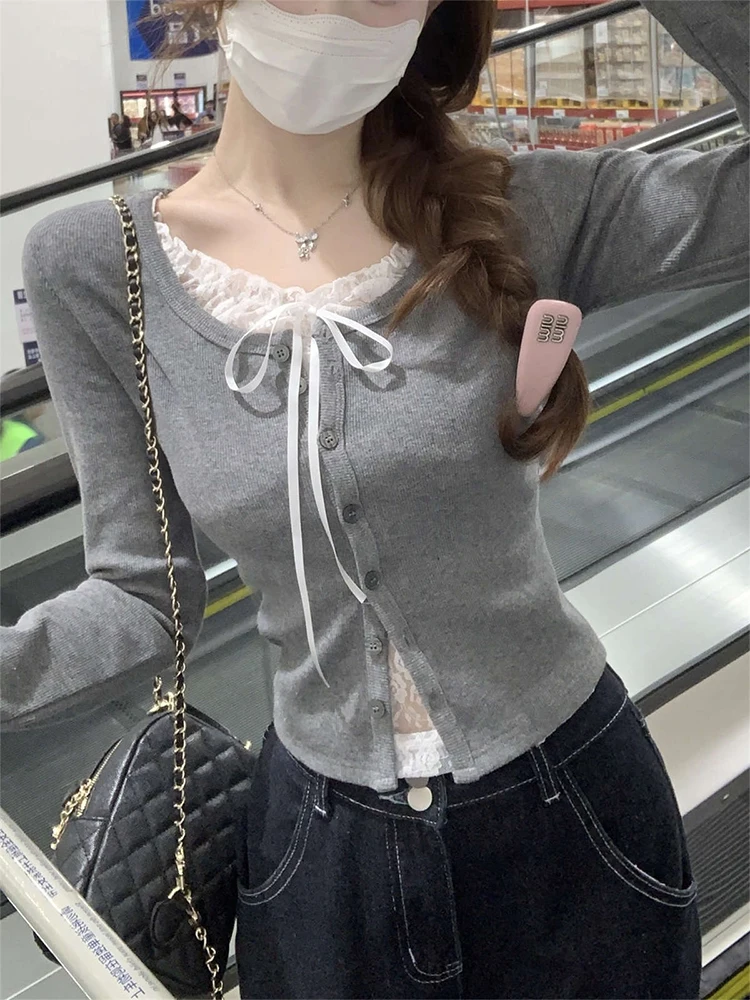 

Lace Patchwork Long Sleeve T-shirt Single-breasted Slim Women Long Sleeve Tops 2025 Spring Fashion Korean Women's Clothing
