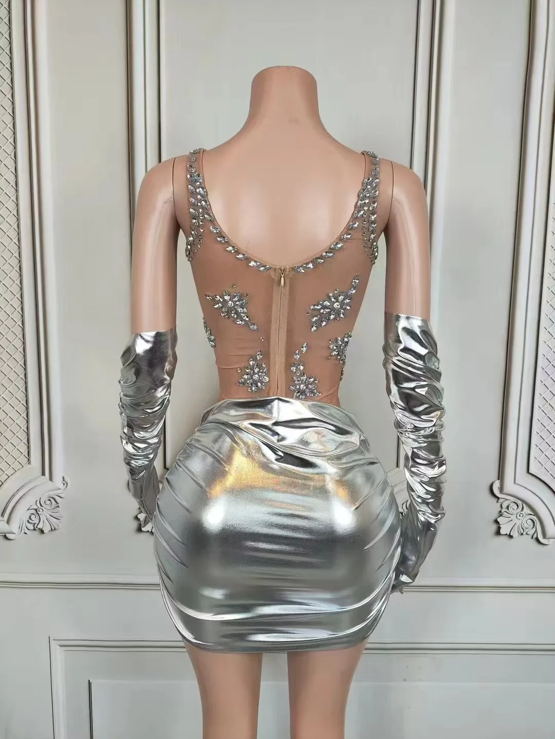 Vestido corto Sexy con diamantes de imitación para mujer, con guantes, cristal transparente, club nocturno, fiesta, actuación en escenario, traje ajustado