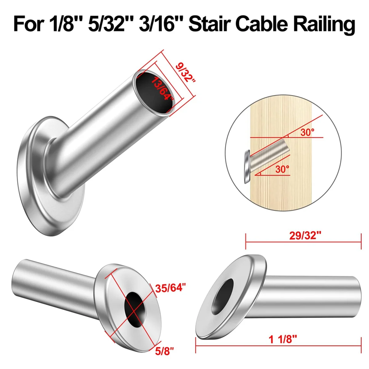 40Pack 30 Degree 3/16In Angle Beveled Protector Sleeves, Wood Post Protector for 1/8In 5/32In 3/16In Stair Cable Railing