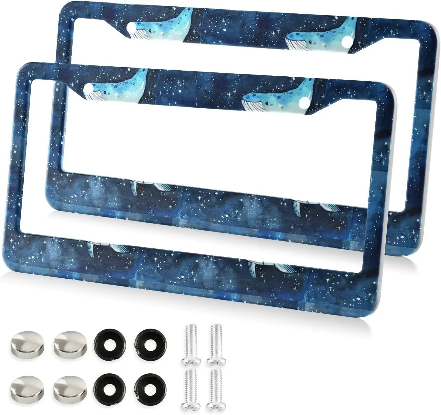 Watercolor Stars Whale Car License Plate Frame 2 Pack License Plate Holder with 2 Holes Car Tag Frame for Women Men US Vehicles