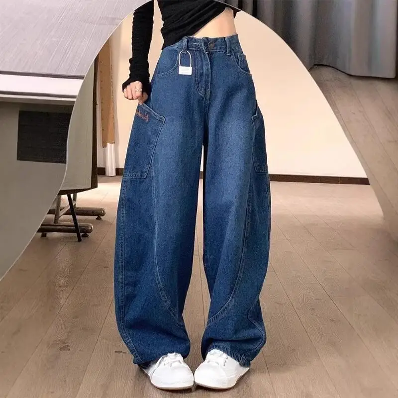 Spring Autumn New Women Clothing Design Embroidered Wide Leg Curved Knife Jeans Fashion Versatile High Waist Loose Casual Jeans
