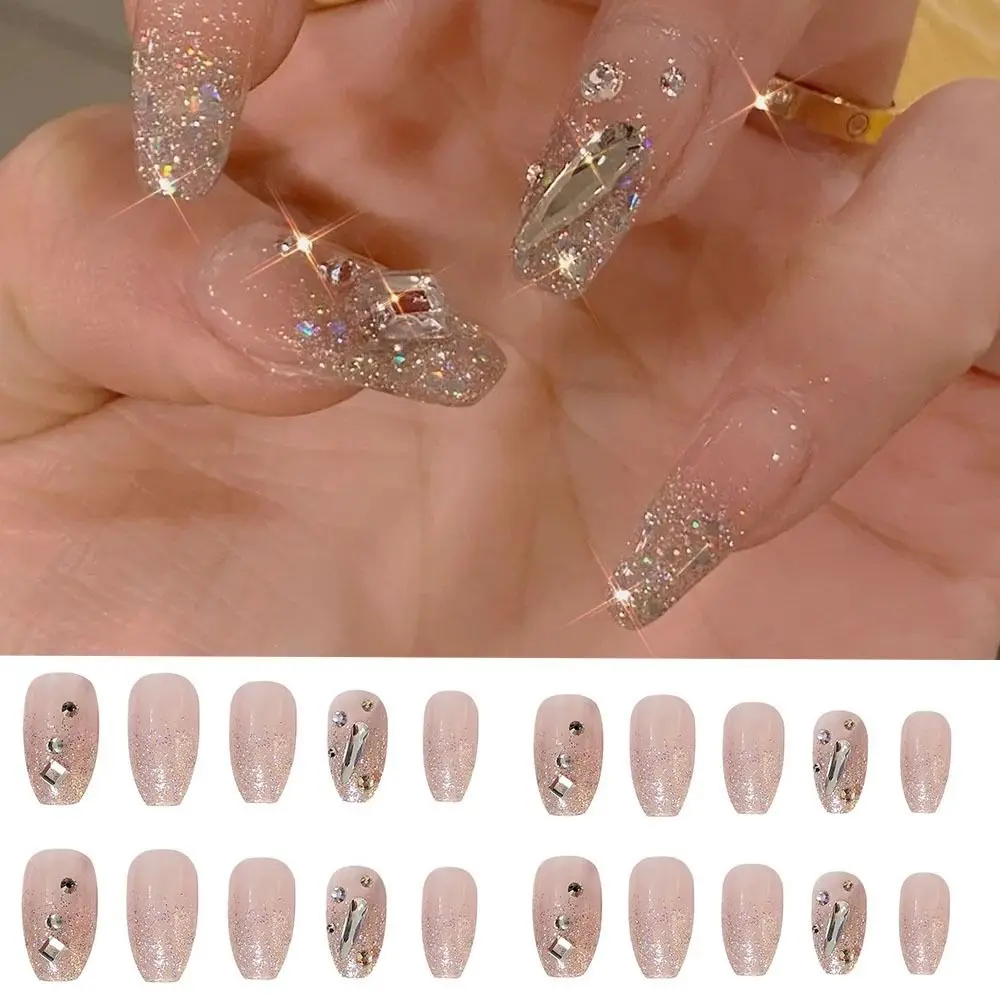 24 pièces manucure détachable paillettes strass presse sur ongles couverture complète longs français faux ongles ballerine