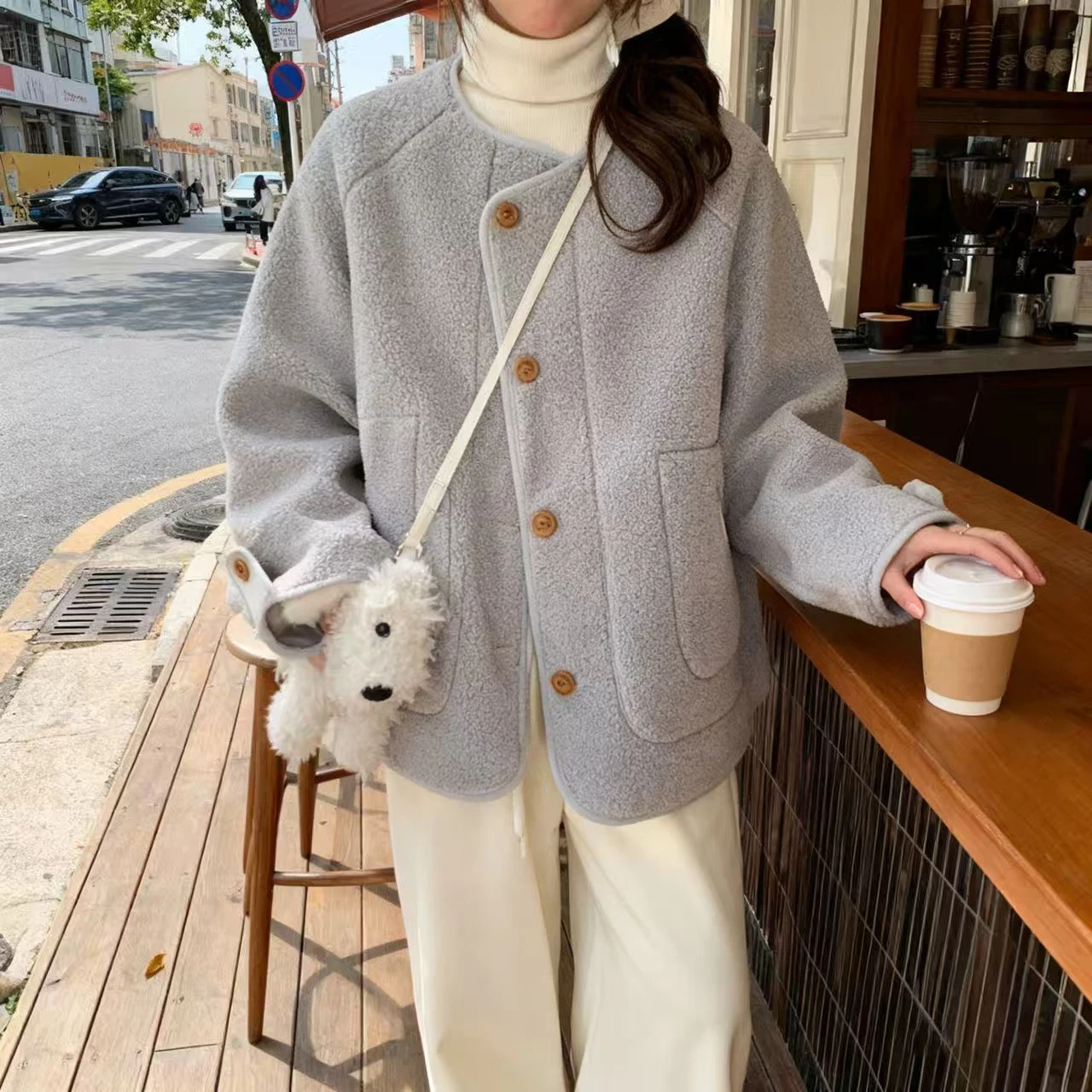 معطف نسائي للخريف والشتاء معطف أنيق من جلد البقر محاكاة كسول Sle دفء من الجلد والفراء طويل Sve بأزرار لأعلى