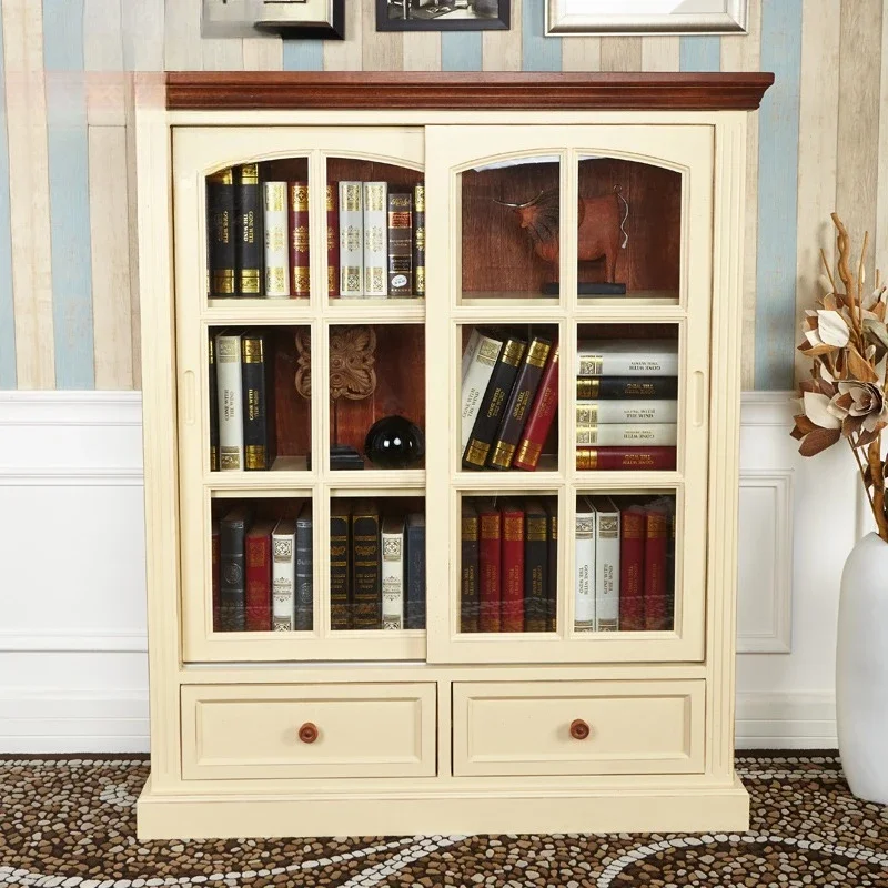 American rural bookcase with door bookshelf European Mediterranean pastoral solid wood study furniture locker