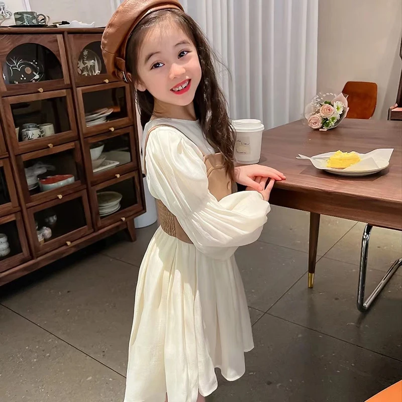 Long Sleeve Chiffon Princess Dress + PU Leather Vest 2Pcs 2024 New Girls Dress Spring And Autumn Fashion 2-12 Years Kids Clothes