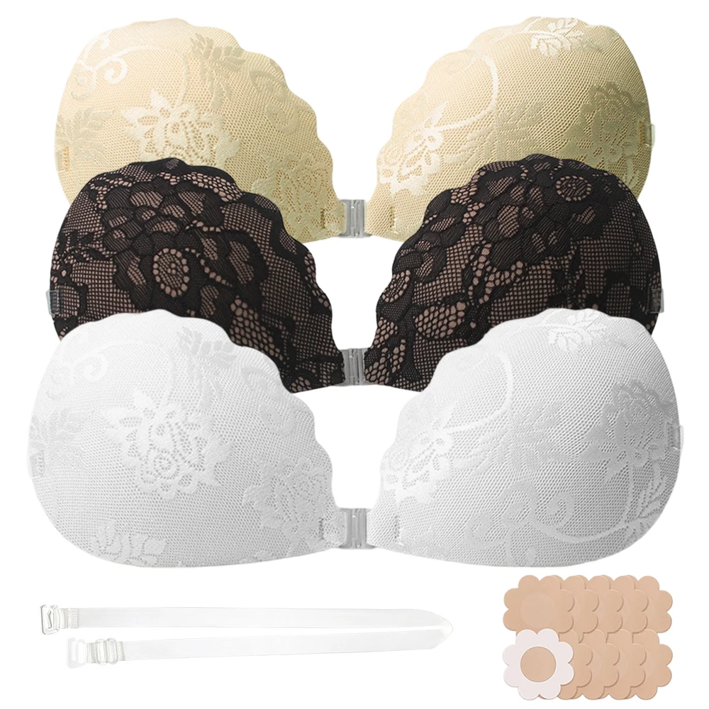 Nipple Cover Pasties - บราติดกาวลูกไม้แบบสแกลลอป, บราติดกาวแบบดันทรงพร้อมตะขอเกี่ยวด้านหน้า, แผ่นปิดจุกนมแบบไร้สาย, เทปปิดจุกนมแบบมองไม่เห็น, ตัวช่วยเพิ่มความเว้าของหน้าอกแบบทันที