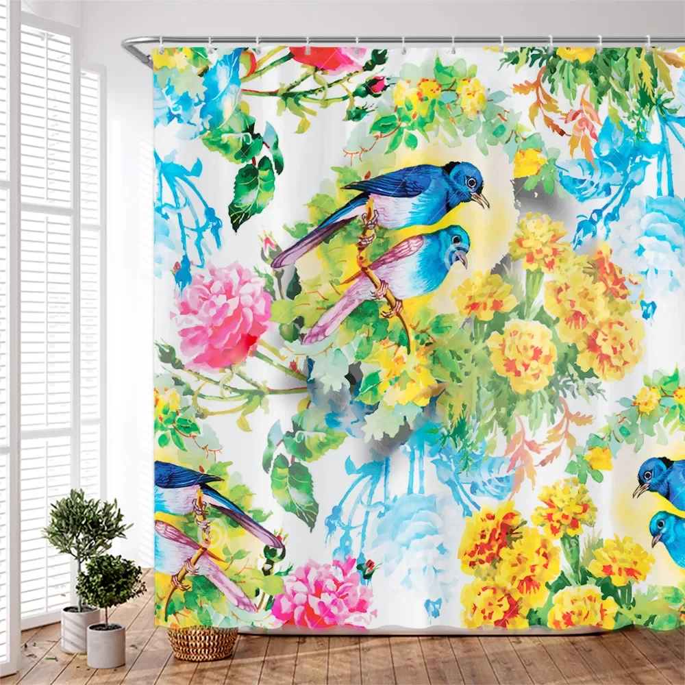 Exotic Birds with Flowers Shower Curtain Colorful Seamless Pattern on White Background Home Decor Bathroom Curtain Set with Hook