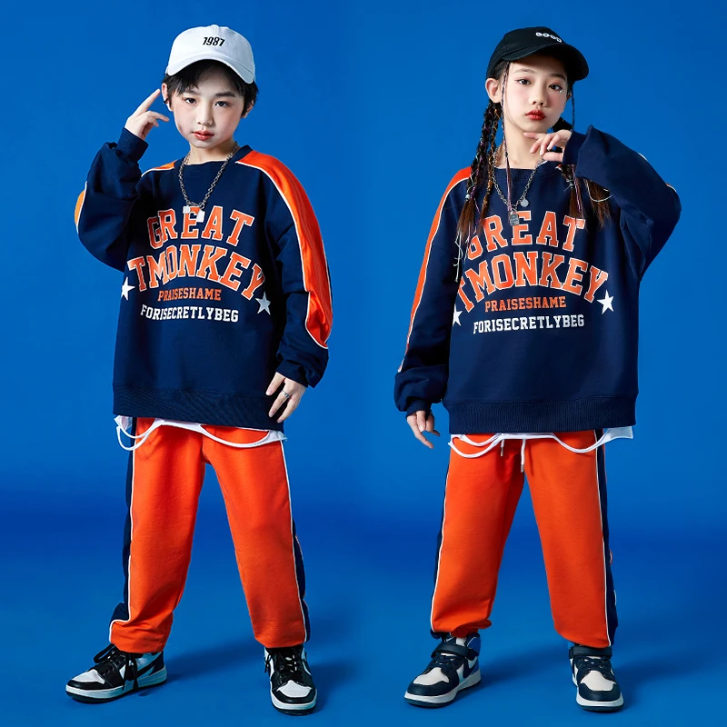 Kids Ballroom Hip Hop Clothing Navy Blue Sweatshirt Tops Casual Pants For Girls Boys Jazz Dance Costume Teenager Showing Clothes