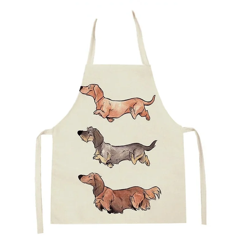 Cartoon Dachshund Painted Bulldog Print Linen Apron Kitchen Sleeveless Apron Baking Accessories Waist Apron Home Cooking