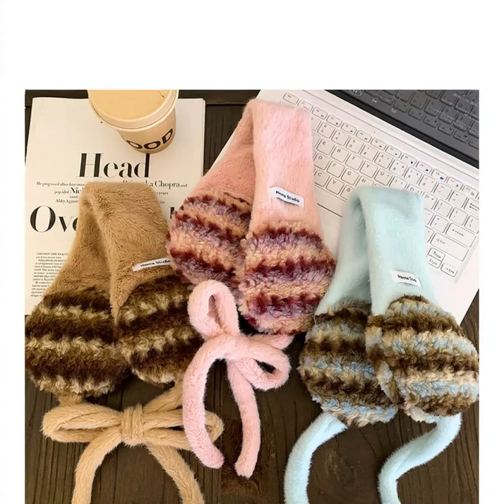 Fashionable Plush Earmuffs Winter Warm Ear Warmers Contrast Color Striped Soft Thickened For Women Outdoor Cycling Gear