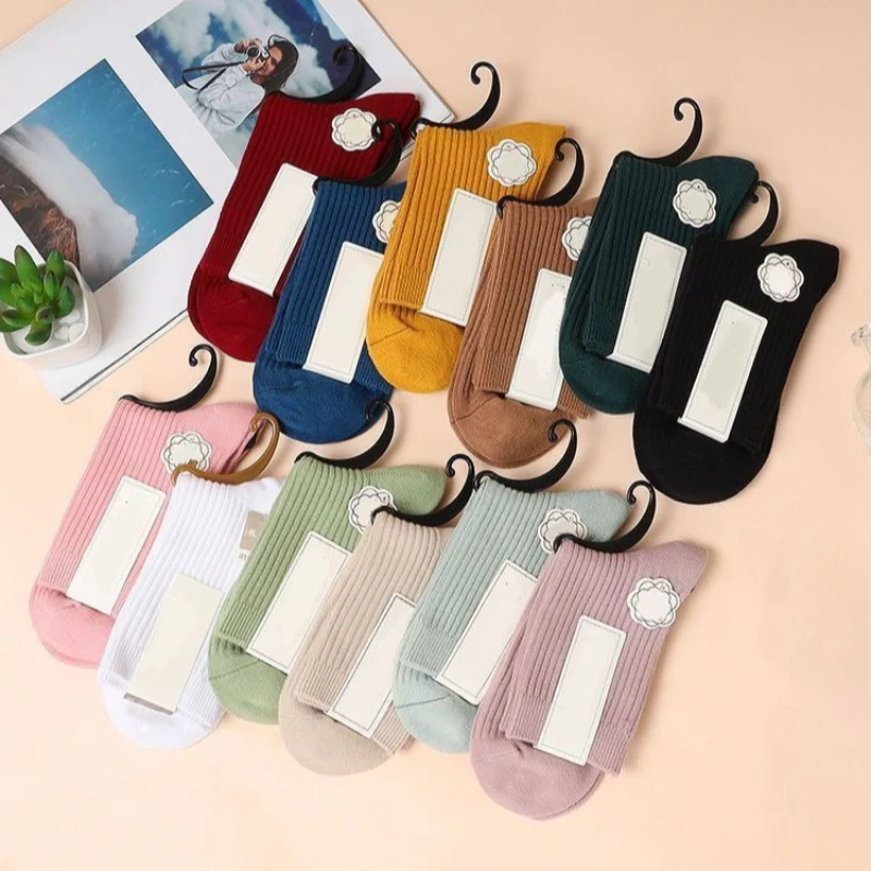 

5 Pairs Spring and Autumn Fashion Solid Color Double Needle Women's Mid Length Socks Candy Color Casual Mid Length Waist Socks
